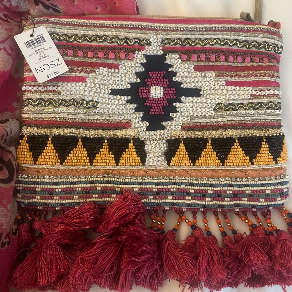 Chico's Red and Pink Ethnic Pattern Clutch with Scarf gift!